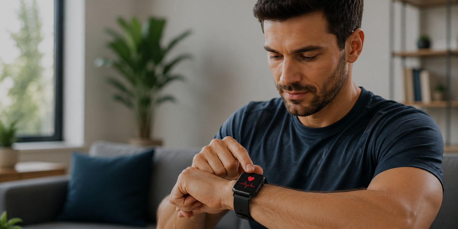 Fit man checking heart rate on smartwatch in living room