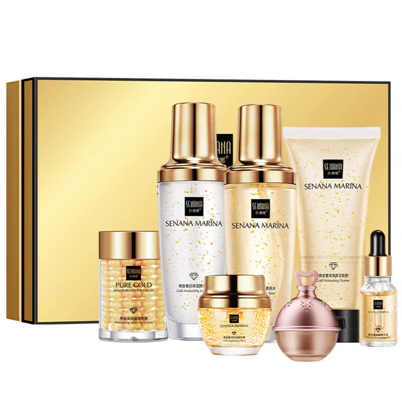 24K Gold Skin Care Set 9PCS with Box Face Toner Essence Cream Nicotinamide Anti-Aging Wrinkles Serum Facial Cleanser Kit