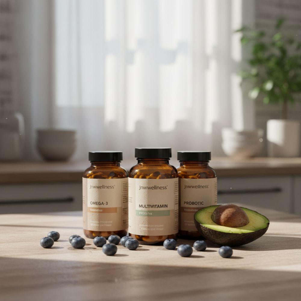 JNWWellness omega-3 multivitamin and probiotic supplement bottles displayed