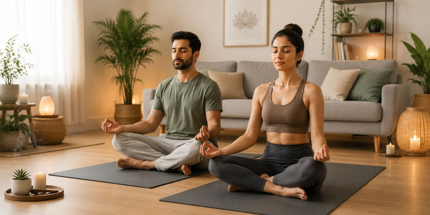 Couple practicing meditation together on yoga mats at home