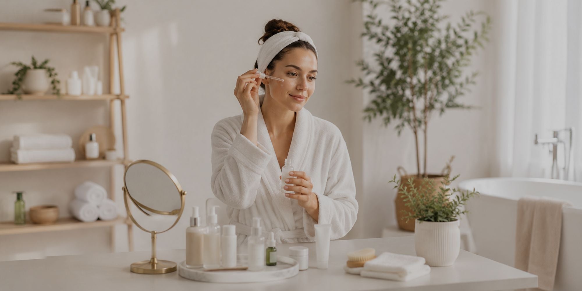 Woman applying face serum during skincare routine in bathroom