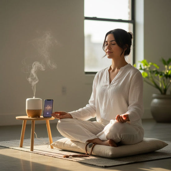 Woman peacefully meditating at home with aromatherapy diffuser nearby