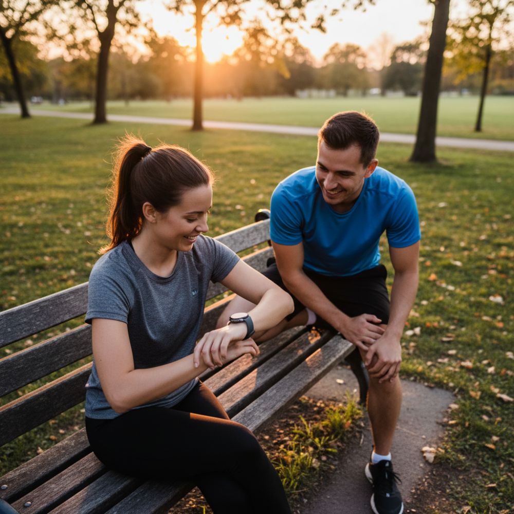 Couple resting in park checking fitness smartwatch after workout