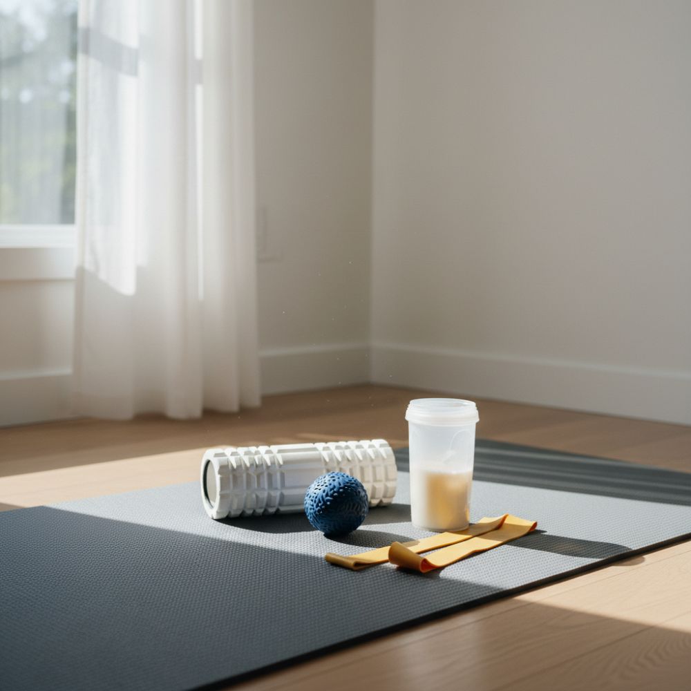Foam roller massage ball resistance band protein shake on yoga mat